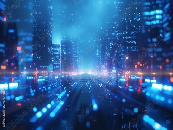 Obraz Blur image to use as background of The cityscape comes alive at night with a cybernetic glow, lights and reflections create a sense of futuristic vibrancy.
