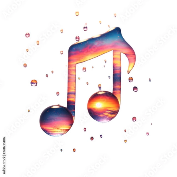Obraz Watercolor droplets forming a musical note, reflecting a vibrant sunset on a white canvas.