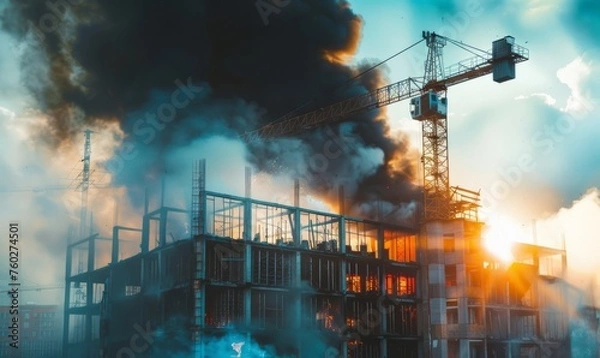 Obraz Construction site fire, burning house and black smoke generated AI