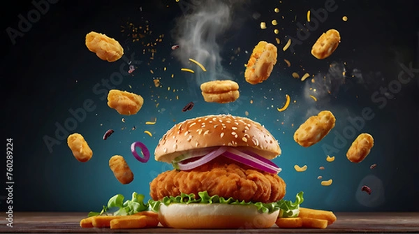 Fototapeta Crispy Fried Chicken Burger Advertisement: Advertisement banner showcasing a delicious crispy fried chicken burger with flying ingredients and spices, ready to serve, with ample copy space.
