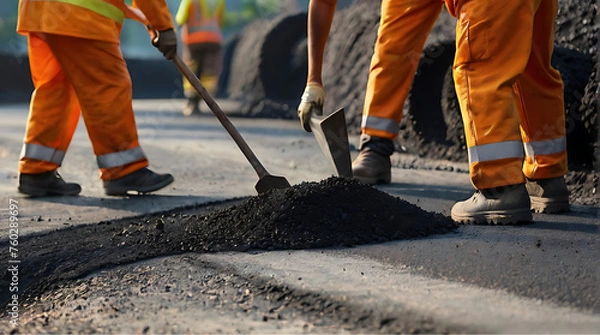 Fototapeta Road Construction Workers: Image capturing teamwork among road construction workers, laying tarmac and repairing road surfaces, emphasizing infrastructure development.