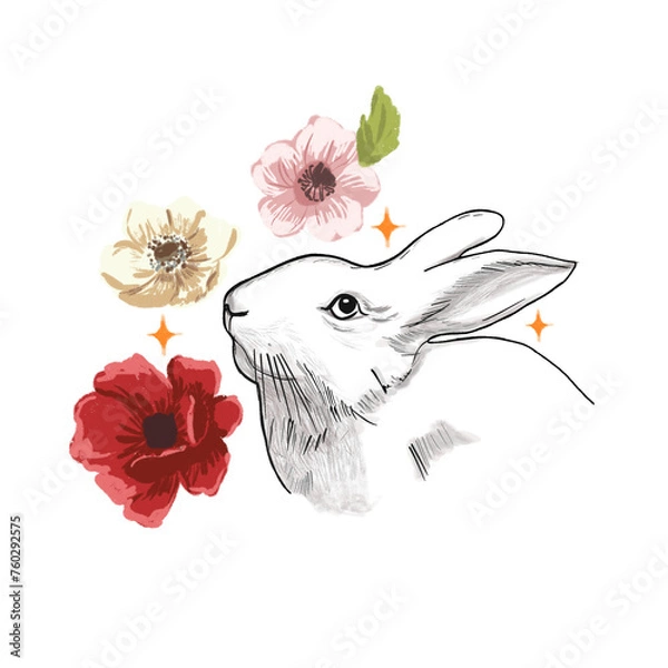 Obraz Vintage style illustration of a rabbit and flowers on a white background