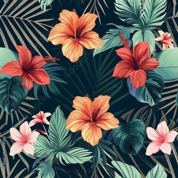 Obraz Hawaiian graphics Hawaiian shirt, Seamless pattern For clothing and decorative work generative ai art
