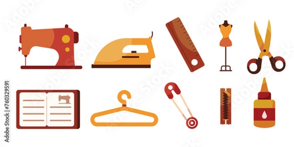 Fototapeta A collection of tailoring icons presented in a flat design, including a sewing machine, mannequin, and scissors, suitable for fashion and design projects