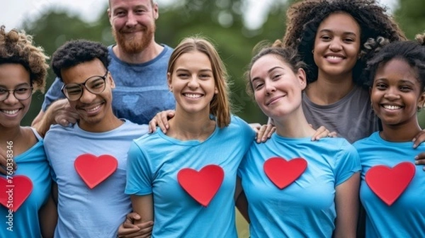 Fototapeta Group of diverse friends holding red hearts and embracing each other in park