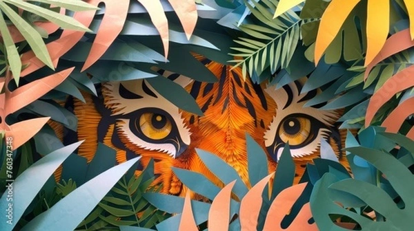 Fototapeta A jungle scene with a hidden tigers eyes peering through the paper foliage