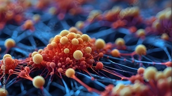 Fototapeta Close-up of a Vibrant Purple and Blue Substance, Bacteria and Cells Under Microscope in the Laboratory, Coronavirus Close-Up View, and Medical Image of Cancer Cells Spreading in the Human Body 