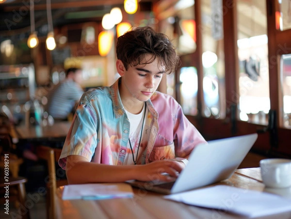 Obraz Teenager working outside the office with a laptop at a coffee shop Unlimited space for creating work.