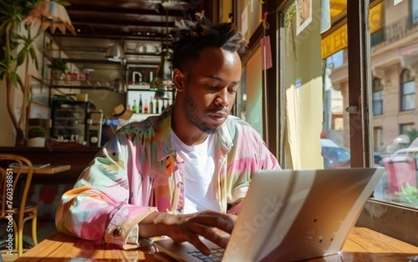 Obraz Teenager working outside the office with a laptop at a coffee shop Unlimited space for creating work.