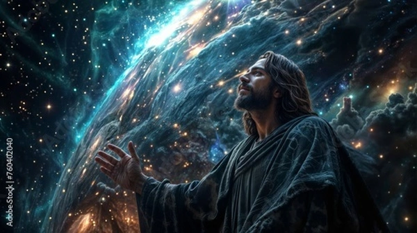 Obraz Jezus Chrystus w przestrzeni z gwiazdami i mgławicą.