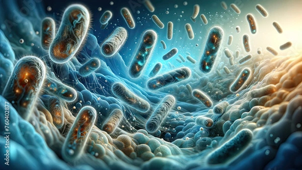 Fototapeta Microbial Universe: Vivid Bacterial Ecosystem Digital Art for Science and Education