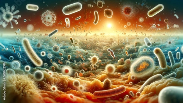 Fototapeta Microbial Sunset: A Vivid Depiction of Bacteria and Microorganisms Digital Artwor