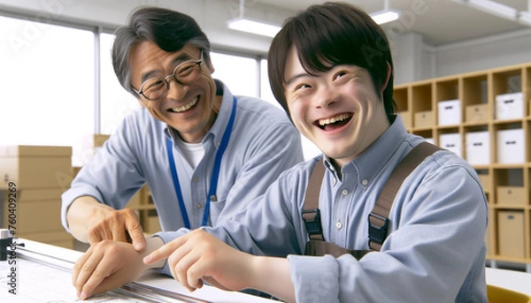 Obraz シニア男性の同僚と仕事をするダウン症の男性