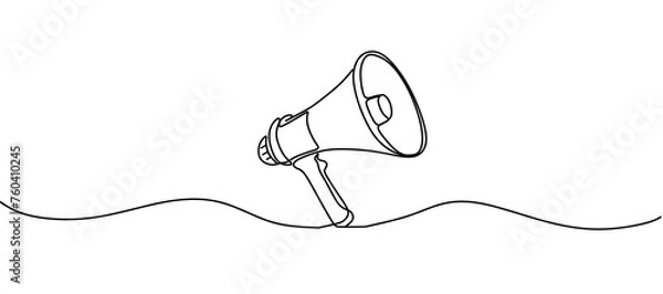 Fototapeta Public horn speaker in One continuous line drawing. Megaphone announce symbol of marketing promotion in simple linear style. Business concept for attention and job offer. Doodle vector illustration