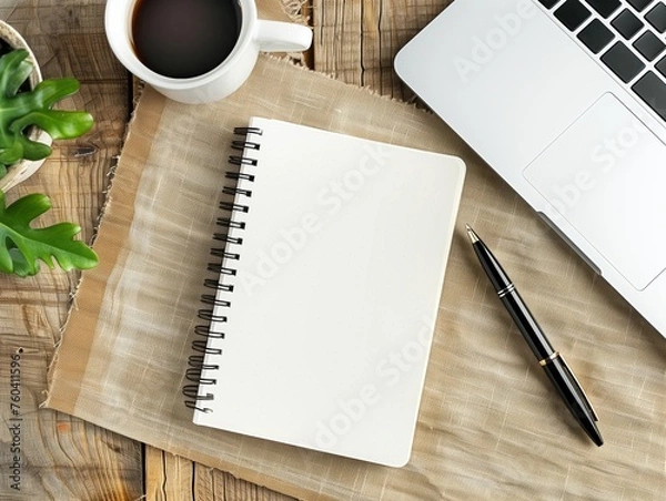 Obraz Blank page notebook For writing any text, there is a black pen, hot black coffee and a laptop on a wooden table.