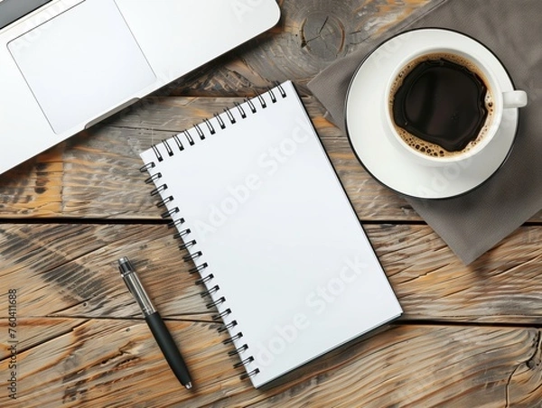 Obraz Blank page notebook For writing any text, there is a black pen, hot black coffee and a laptop on a wooden table.