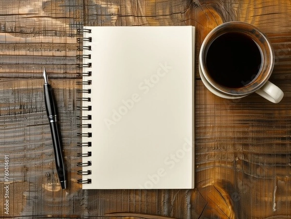 Obraz An empty notebook with a pen on a wooden surface next to a cup of black coffee.