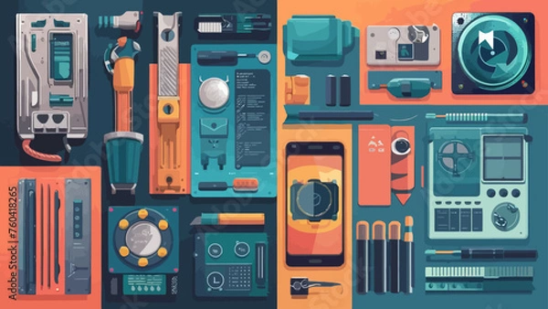 Obraz Flatlay knolling graphic resources various design