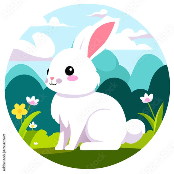 Fototapeta A lovely rabbit with floppy ears hopping through a lush green field.