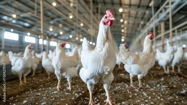 Obraz birds eye view inside a modern poultry barn, ocean of white chickens