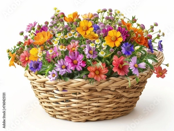 Obraz Many types of summer flowers, bright colors, refreshing to see. In a woven basket. White background. The object can be separated from the background.