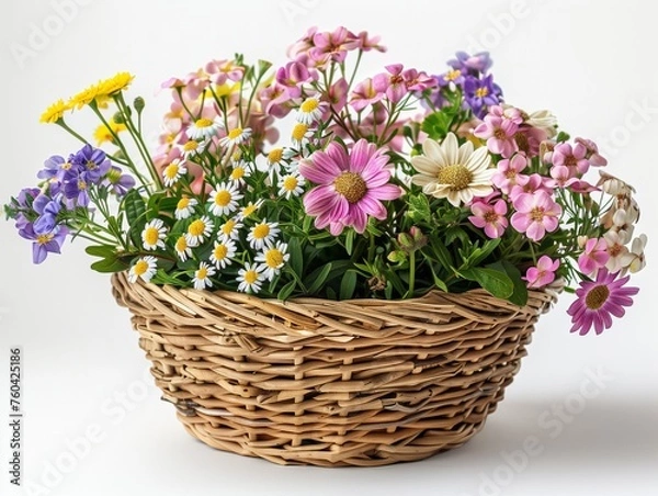 Obraz Many types of summer flowers, bright colors, refreshing to see. In a woven basket. White background. The object can be separated from the background.