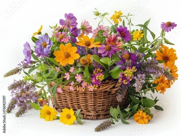 Fototapeta Many types of summer flowers, bright colors, refreshing to see. In a woven basket. White background. The object can be separated from the background.