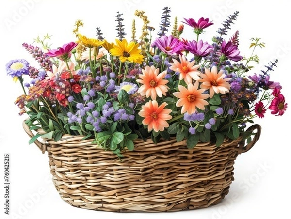 Obraz Many types of summer flowers, bright colors, refreshing to see. In a woven basket. White background. The object can be separated from the background.