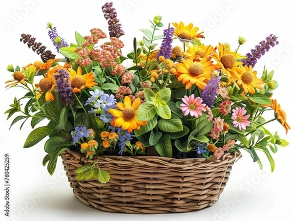 Obraz Many types of summer flowers, bright colors, refreshing to see. In a woven basket. White background. The object can be separated from the background.