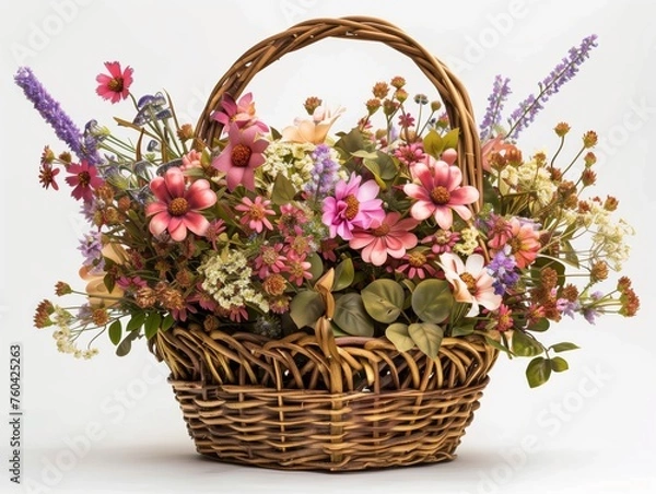 Obraz Many types of summer flowers, bright colors, refreshing to see. In a woven basket. White background. The object can be separated from the background.
