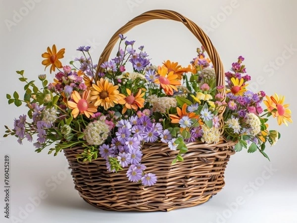 Obraz Many types of summer flowers, bright colors, refreshing to see. In a woven basket. White background. The object can be separated from the background.