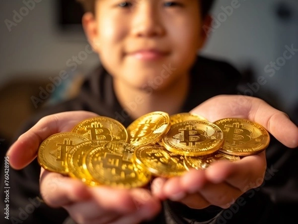 Obraz Boy with Wealth, Holding Bitcoin Coins.