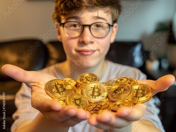 Obraz Boy with Wealth, Holding Bitcoin Coins.