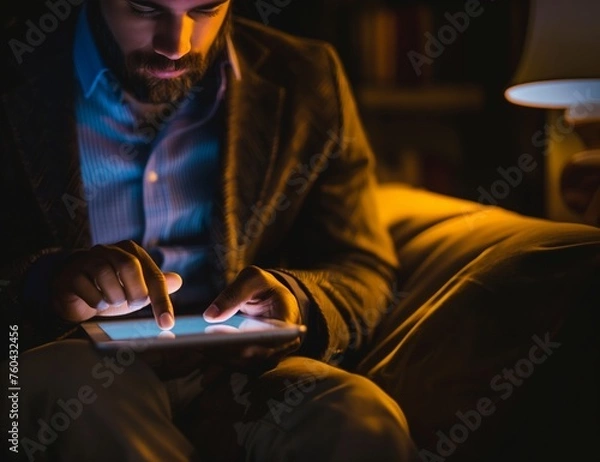 Obraz A middle-aged man is intently using a tablet to research information. in the living room Dim lighting creates a working atmosphere.