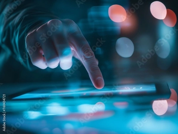 Obraz A hand interacts with a tablet, fingertips glowing with blue and red lights, symbolizing modern connectivity in a virtual realm.