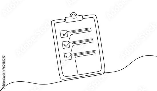 Fototapeta Clipboard with checklist. Continuous line one drawing. Without backgound. Simple line illustration.	
