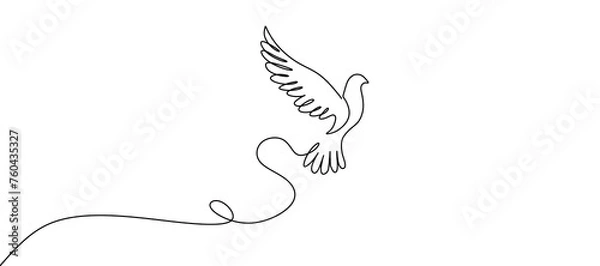 Fototapeta Bird flying with heart in continuous line art drawing. One outline of dove animal. Vector illustration isolated. Minimalist design handdrawn.