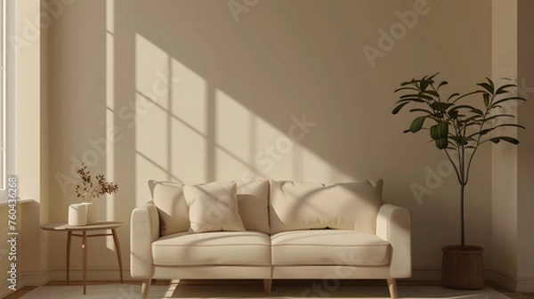 Fototapeta Beige sofa against beige wall in a minimalistic interior with a window and plant on a coffee table. Minimalist home design, 3D rendering illustration of a living room interior background mockup.  