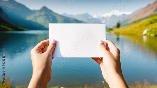 Fototapeta Womans hands holding a blank white card, against the backdrop of a summer panoramic landscape with lake, mountains and sunny blue sky. Layout concept for postcard, travel invitation. Generated AI.
