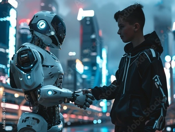 Obraz A young boy and a futuristic robot exchange a handshake, symbolizing a harmonious coexistence, set against the backdrop of a neon-lit cityscape.