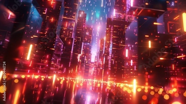 Fototapeta Abstract digital background with glowing neon lights and geometric shapes, representing urban nightlife. Nightlife and entertainment concep