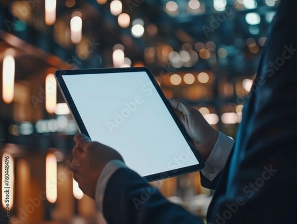 Obraz Close-up of a blank tablet screen being used by a businessman. A blank screen is used to enter the desired text. The background is the atmosphere of the night.