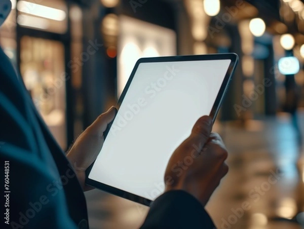 Obraz Close-up of a blank tablet screen being used by a businessman. A blank screen is used to enter the desired text. The background is the atmosphere of the night.