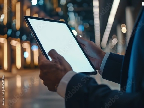 Obraz Close-up of a blank tablet screen being used by a businessman. A blank screen is used to enter the desired text. The background is the atmosphere of the night.