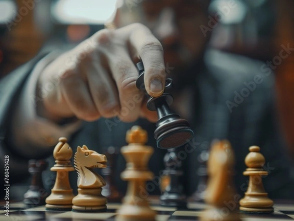 Obraz Chess Player Decides King's Move on a Board of Strategy.