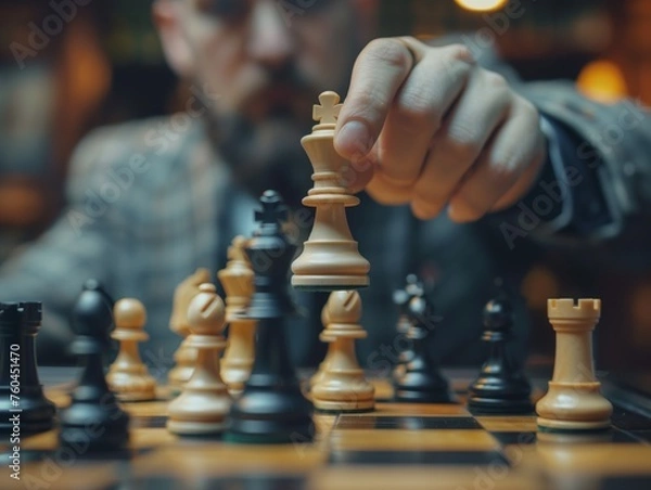 Obraz Chess Player Decides King's Move on a Board of Strategy.