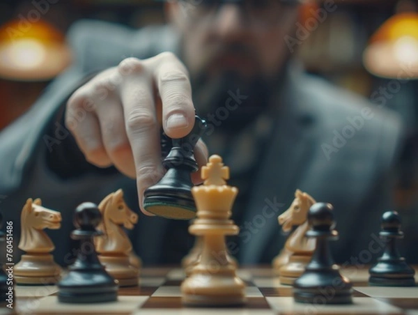 Obraz Chess Player Decides King's Move on a Board of Strategy.