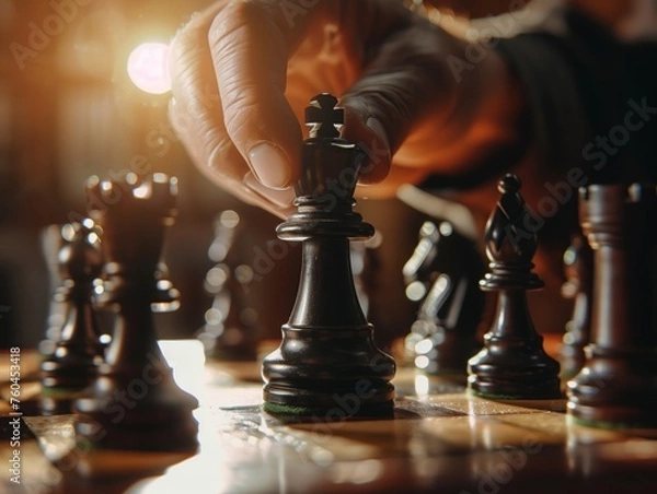 Obraz Chess Player Decides King's Move on a Board of Strategy.