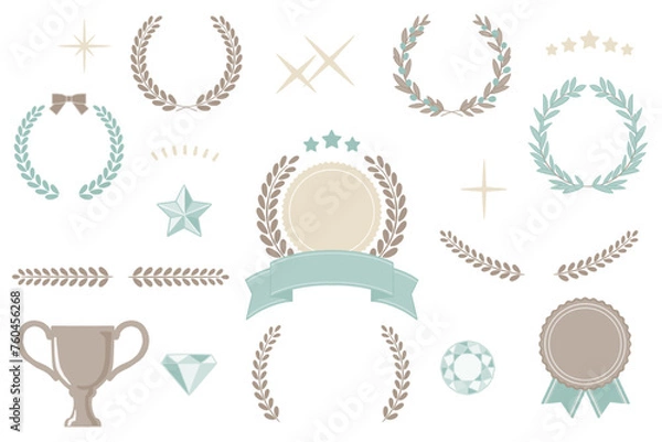 Fototapeta 月桂冠、メダル、アワード　手描き風画像詰め合わせ