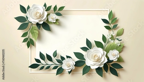 Fototapeta Paper cut of roses frame with copy space luxury background concept for wedding invitation card and advertising promotion 